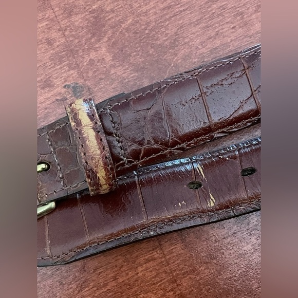 Mens Leather Belt Brown Size 50’ Top Grain Croc Print Solid Brass Hardware EUC - Picture 6 of 8